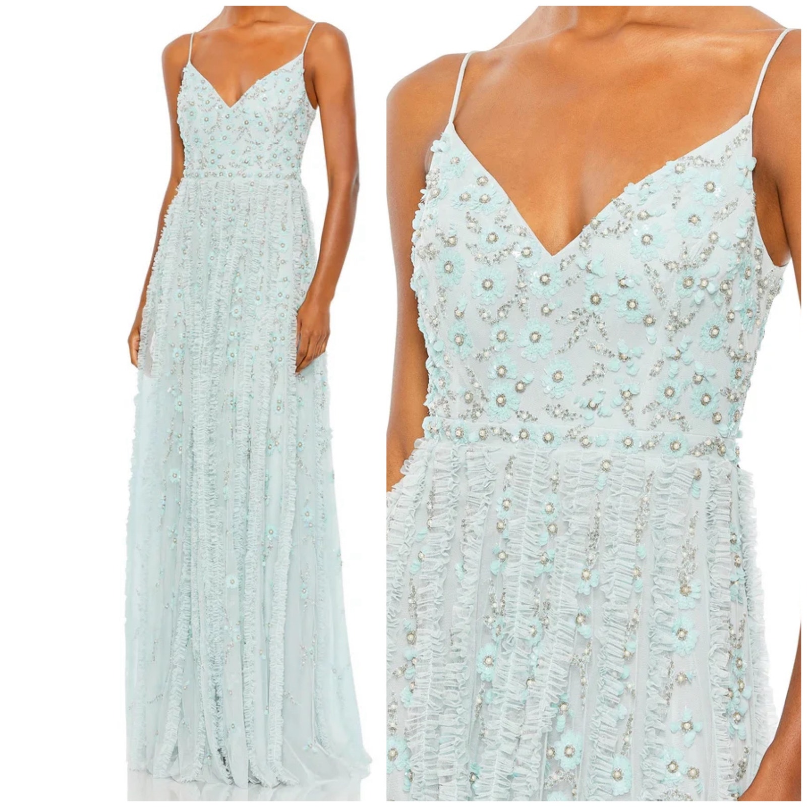 Mac Duggal Nwt Sequin Embellished Chiffon Ruffle Maxi Gown Sea Mist Blue Size 18